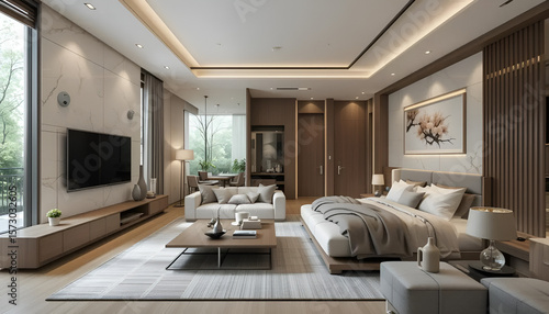 Modern House Design with Open Layout: Functional Living Room, Kitchen, and Bedroom