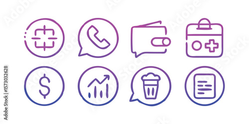 Set of 8 business icons vector, finance and communication symbols