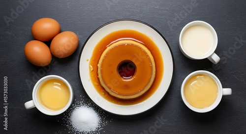 Top view shows pudding with organized ingredients: eggs, condensed milk, and sugar, ideal for social media content