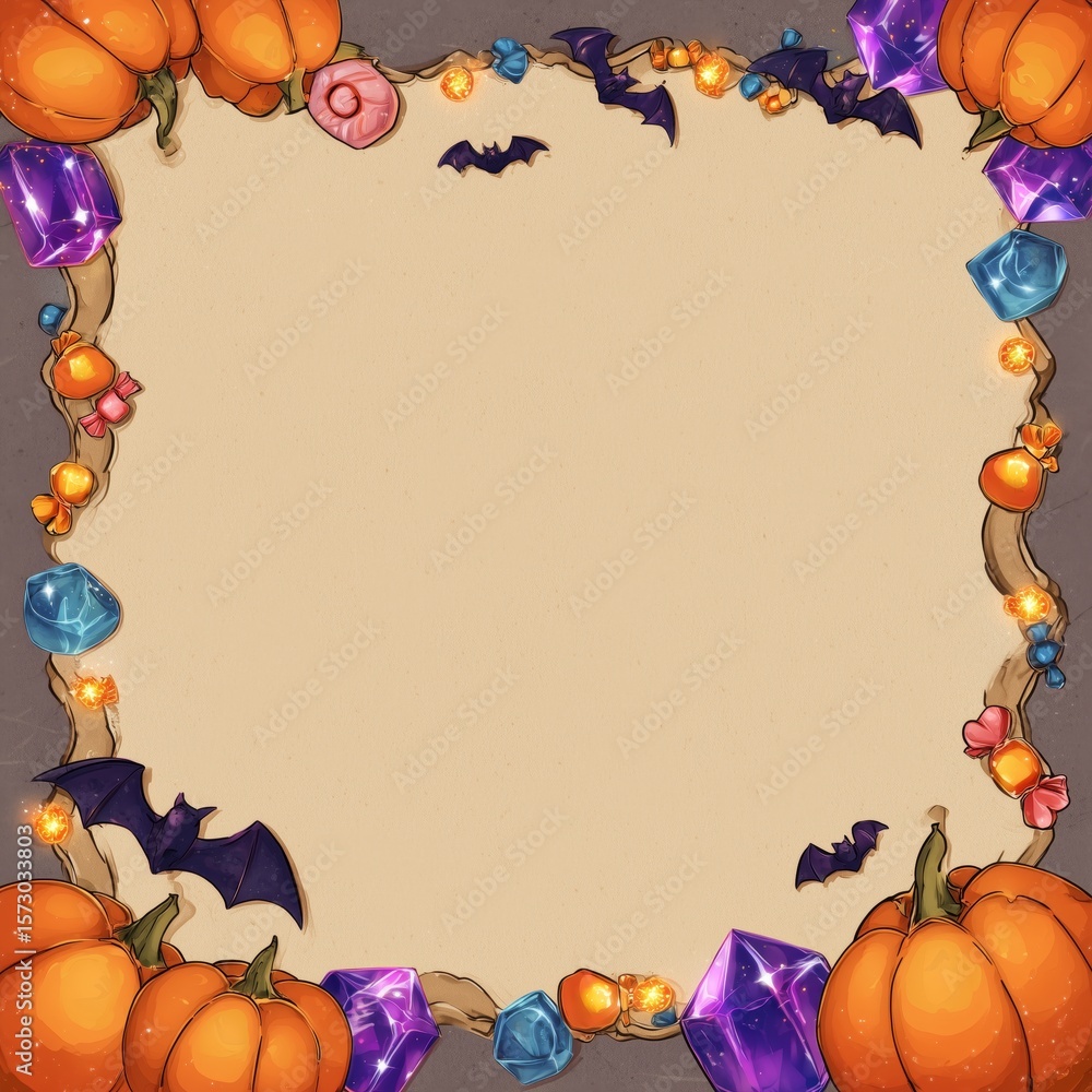 Fototapeta premium Magical Halloween Frame with Pumpkins, Crystals, and Candy