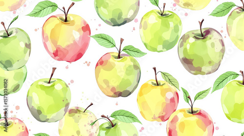 Watercolor pattern green apple white background	