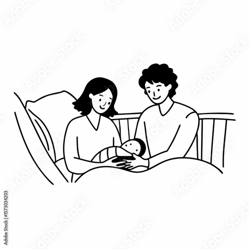 Family, parenthood and people concept. Happy young mother, father with new born baby at home