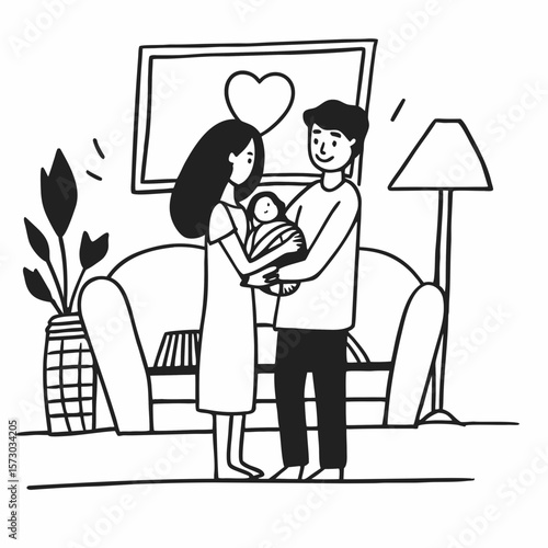 Family, parenthood and people concept. Happy young mother, father with new born baby at home
