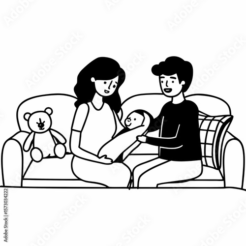 Family, parenthood and people concept. Happy young mother, father with new born baby at home