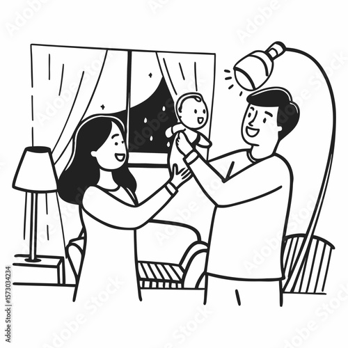Family, parenthood and people concept. Happy young mother, father with new born baby at home