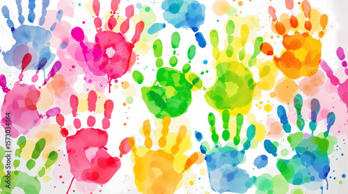 Watercolor pattern color children's handprints on white background