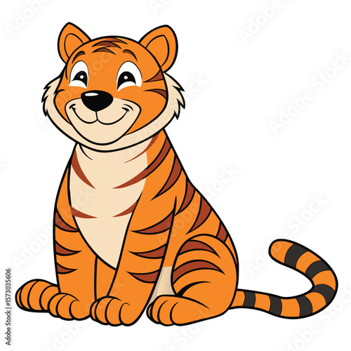 A cartoon tiger is sitting and smiling at the viewer