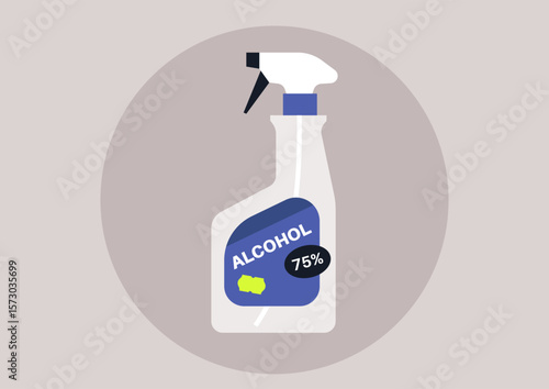 A disinfectant spray bottle with bold labeling showcases its 75% alcohol concentration, emphasizing its role in promoting cleanliness and hygiene, suitable for diverse settings