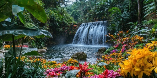 A tropical waterfall surrounded by vibrant exotic flowers