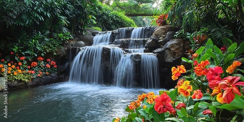 A tropical waterfall surrounded by vibrant exotic flowers