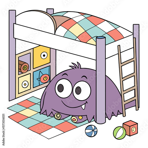 A friendly purple monster with big eyes and a wide smile peeks out from under a bunk bed with a colorful checkered blanket and a ladder surrounded by toys on a matching floor
