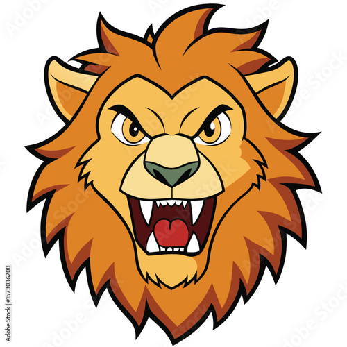 A ferocious lion face shows its teeth in anger