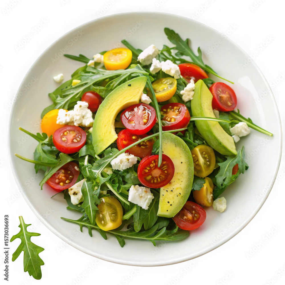 Fresh arugula salad with avocado cherry tomatoes and feta cheese isolated on transparent background Fresh arugula salad with avocado cherry tomatoes and feta cheese isolated on transparent background