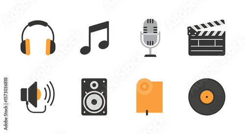 Music and Audio Equipment Flat Icons – Headphones, Speaker, Microphone Set