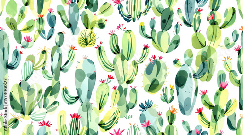 Cactus pattern watercolor. Green botanical background