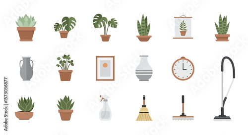 Indoor Houseplants and Home Cleaning Tools Flat Vector Icons Set