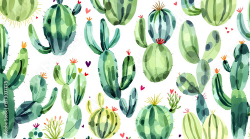 Cactus pattern watercolor. Green botanical background