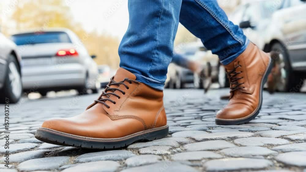 A person strolls confidently on cobblestone streets wearing fashionable brown boots, surrounded by parked cars A person strolls confidently on cobblestone streets wearing fashionable brown boots, surrounded by parked cars
