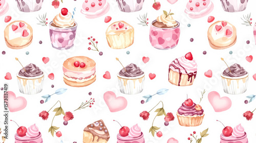 Watercolor Sweet desserts pattern on white background