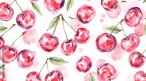 Watercolor red cherries on white background seamless vector pattern