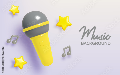 3D Yellow Microphone with Music Notes and Stars on a Pastel Background