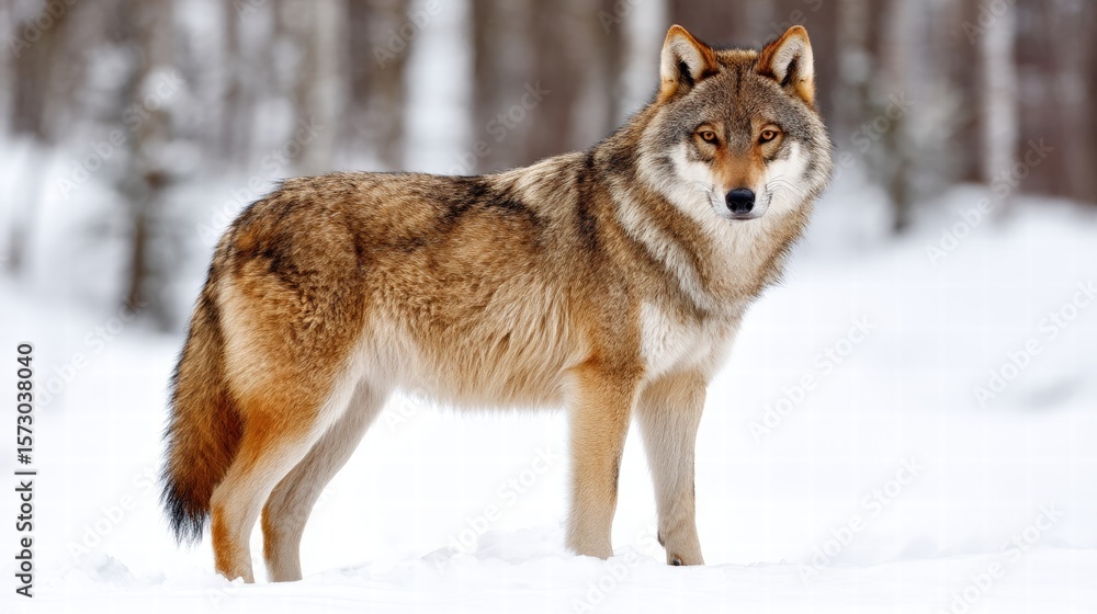 Majestic brown wolf standing gracefully in a snowy setting with strong presence and beautiful fur against a white background Majestic brown wolf standing gracefully in a snowy setting with strong presence and beautiful fur against a white background