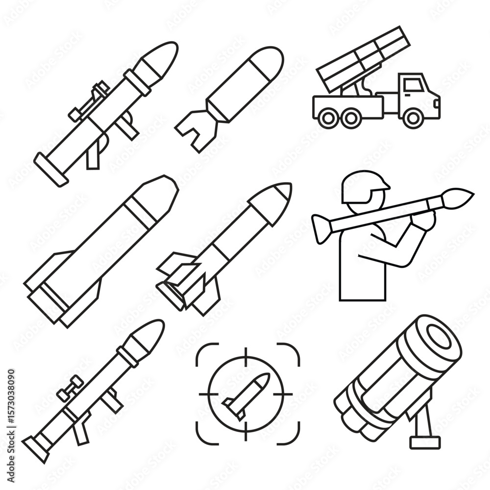 Fototapeta premium Rocket and Missile Launcher Icons Set – Military Weapons Outline Vector Illustration