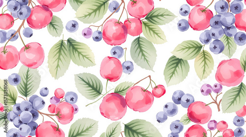 Watercolor background pattern cherries on white background
