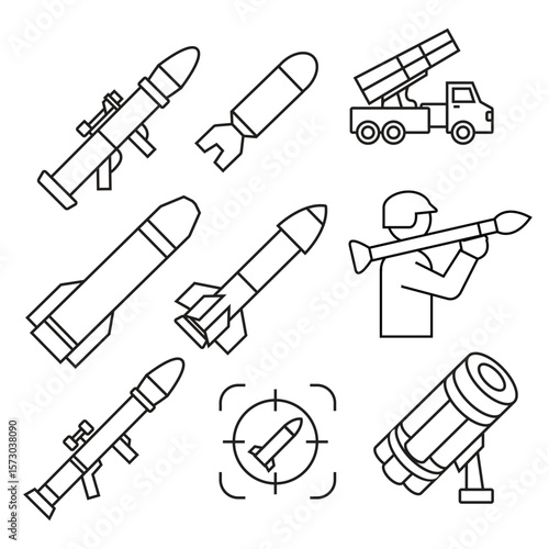 Rocket and Missile Launcher Icons Set – Military Weapons Outline Vector Illustration