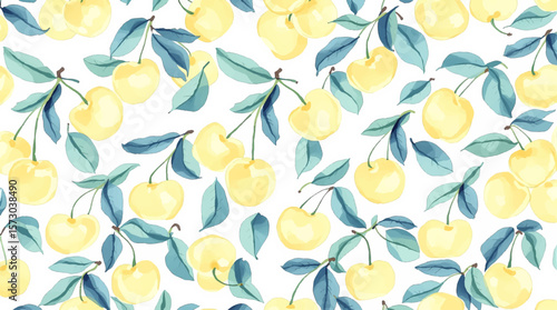 Watercolor pattern cherries are yellow
