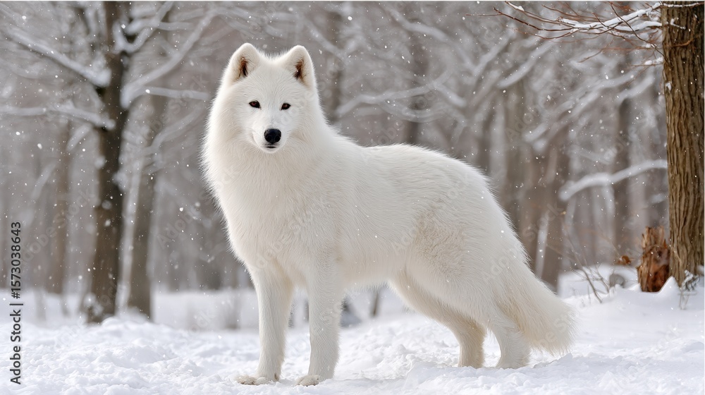 Obraz premium Majestic white dog in a snowy landscape capturing the essence of winter with its beautiful fur and playful spirit