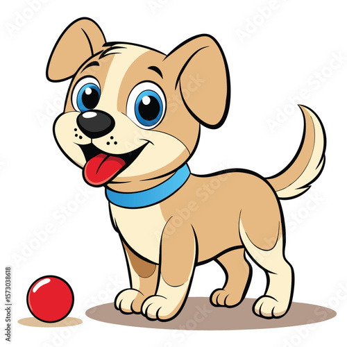 A cartoon dog with a ball is standing and smiling happily