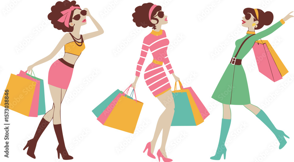 Shopping Girls. a stylish vector illustration of three fashionable young women shopping. Each woman should have a distinct outfit and pose, holding multiple colorful shopping bags. Shopping Girls. a stylish vector illustration of three fashionable young women shopping. Each woman should have a distinct outfit and pose, holding multiple colorful shopping bags.