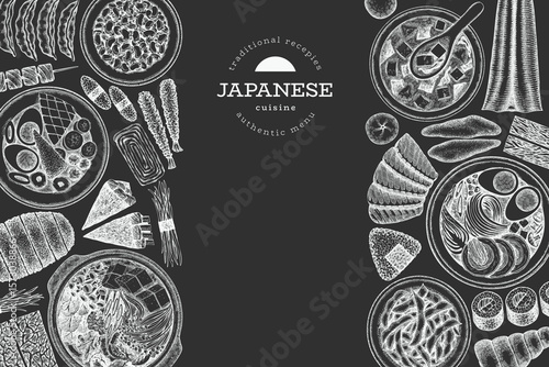 Japanese Cuisine Vector Design Template. Asian Dishes Chalk Board Hand Drawn Background. Retro Japan Traditional Food Illustration.