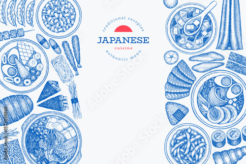 Japanese Cuisine Vector Design Template. Asian Dishes Hand Drawn Background. Retro Japan Traditional Food Illustration.