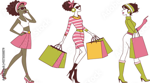 Shopping Girls. a stylish vector illustration of three fashionable young women shopping. Each woman should have a distinct outfit and pose, holding multiple colorful shopping bags.