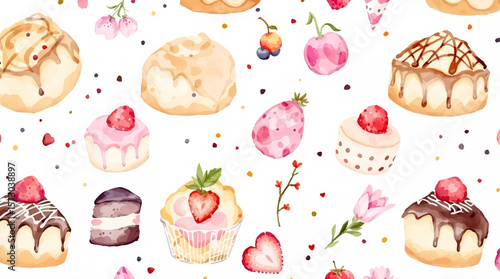 Watercolor Sweet desserts pattern on white background