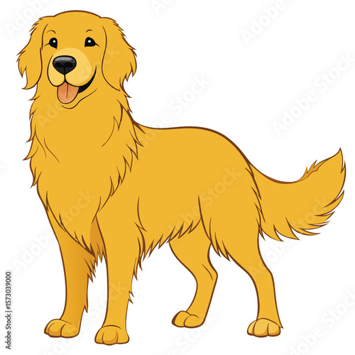 A cartoon golden retriever stands happily with its tongue out