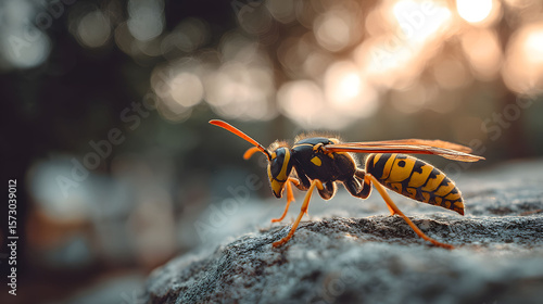 Yellow Jacket Wasp Close Up On A Rock At Sunset