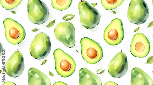 Watercolor background pattern avocado on white background	