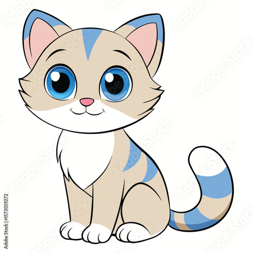 A cute cartoon kitten with blue stripes sits patiently