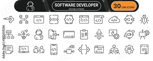 Software developer line icons showcasing coding, laptop tools, backend systems, and frontend elements for tech design sets.