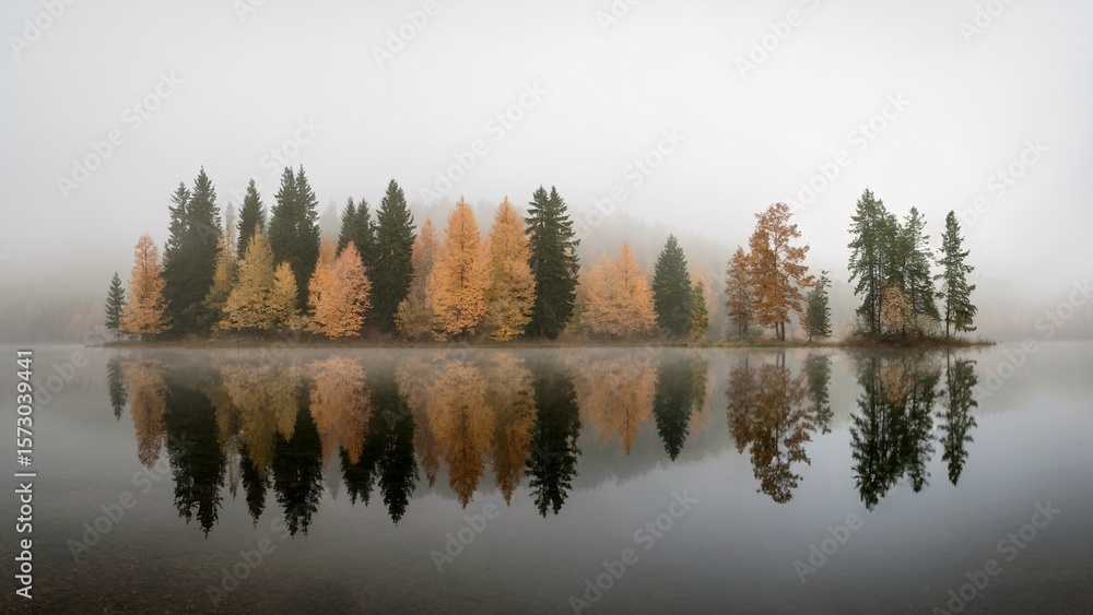 Obraz premium Serene Forest Reflected in Calm Lake During Autumn Morning