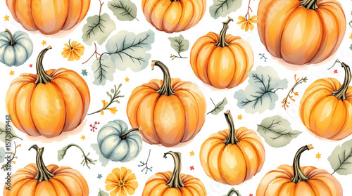 A seamless pattern with watercolor pumpkins and leaves