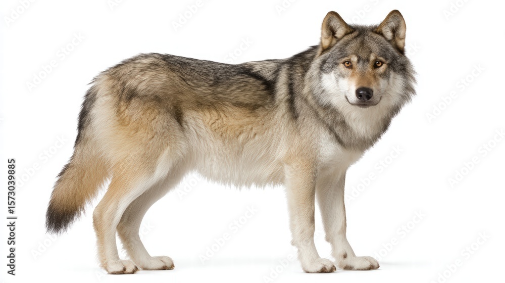 Fototapeta premium Majestic wolf standing proudly on a pure white background highlighting its imposing features and striking presence