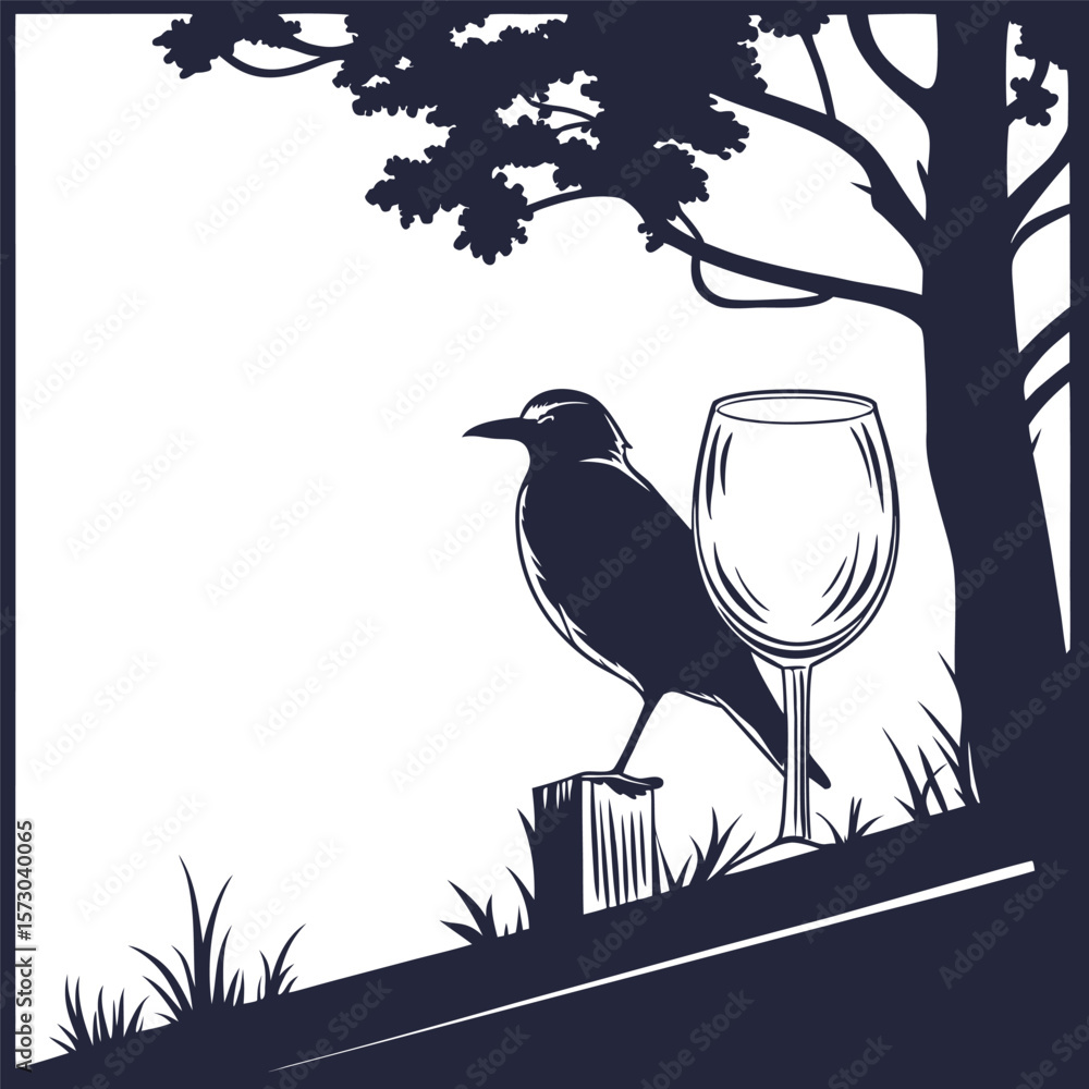 Fototapeta premium Serene bird, wineglass, tree silhouette; elegant, monochrome nature scene.