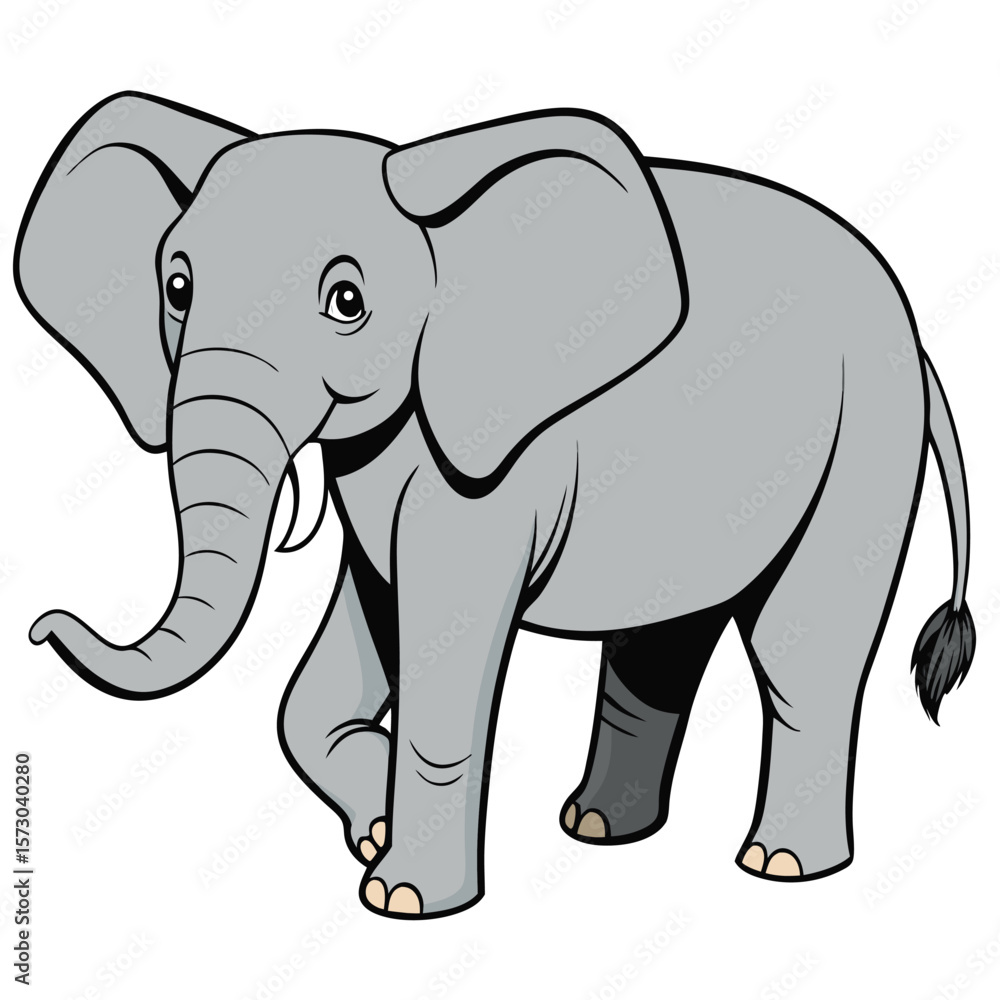 A gray cartoon elephant is walking with its trunk raised A gray cartoon elephant is walking with its trunk raised