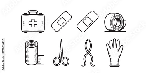 A collection of first aid supplies including a kit bandages tape gauze scissors and a glove in black outline