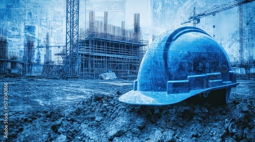 Blue Construction Hard Hat on Ground at Building Site with Cranes and Structures in Background Illustrating the Engineering Industry's Expertise and Ongoing Projects