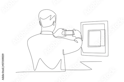 Man photographing paintings in a museum. Visiting museums concept one-line drawing